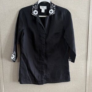 Jordan 100% Linen Black Embroidered Blouse Boho Workwear Casual Chic Sz Medium